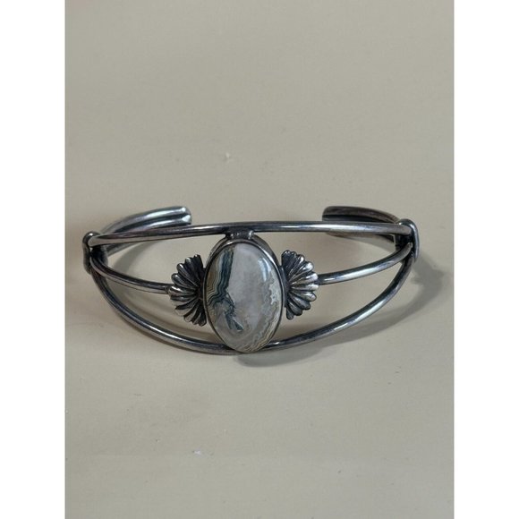 Vintage GFMW Sterling Silver Green Lace Jasper Cuff Bracelet 6 1/4' - Picture 3 of 11